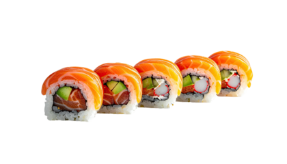 Row of salmon-topped sushi rolls on a black background