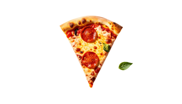 Pizza slice, pepperoni, cheese, and basil against black void