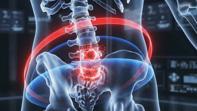 Detailed 3D medical animation visualizing the human spine skeletal system with highlighted red inflamed vertebral discs in a dark futuristic interface with glowing