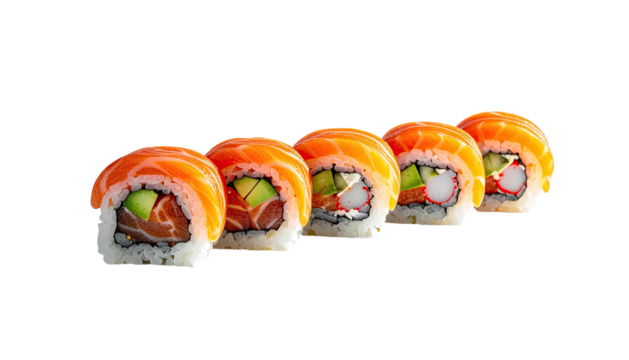 Row of salmon-topped sushi rolls on a black background