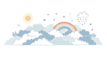 Charming Hand Drawn Sky Illustration with Diverse Weather Elements Rainbow, Sun, Clouds, and Rain