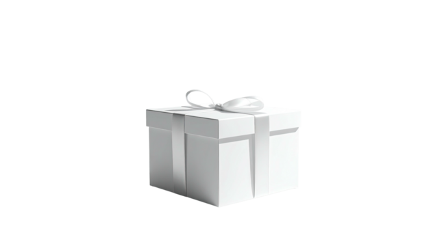Solitary white gift box, ribbon tied, isolated, plain black backdrop - Powered by Adobe