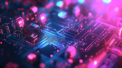 Circuit board glowing with neon lights, symbolizing data processing