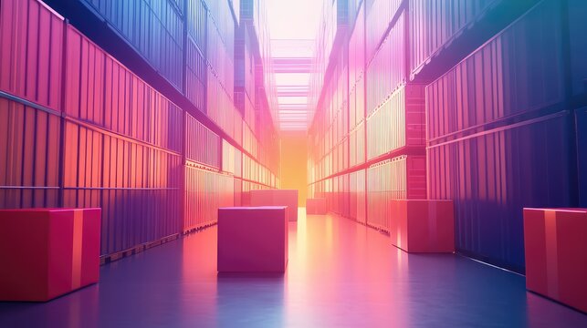 Future logistics warehouse storing shipping containers and boxes
