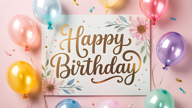 A colorful birthday celebration with balloons, confetti, and a "Happy Birthday" message on a white card.