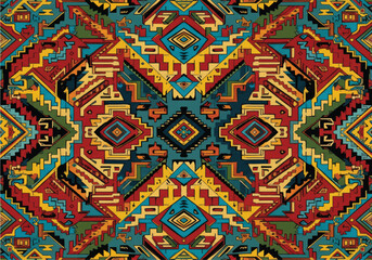 Fototapeta premium Geometric Aztec Pattern Design in Vibrant Colors for Decorative or Textile Use