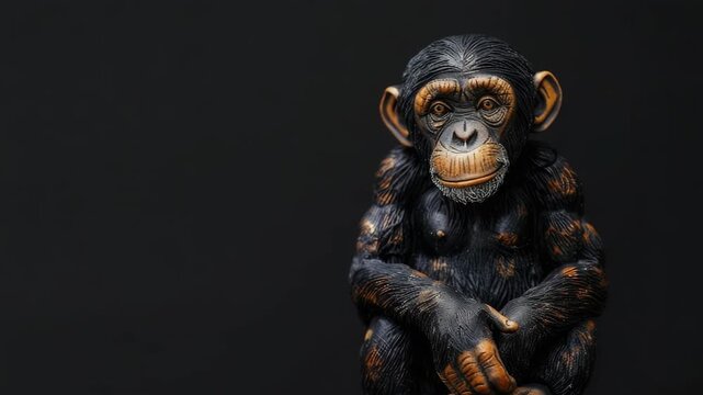 Chimpanzee statue with intricate details sits against dark background