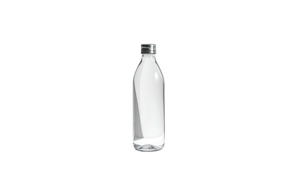 Clear liquid in a simple bottle with metal cap on black