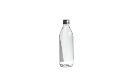 Clear liquid in a simple bottle with metal cap on black