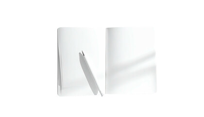 Open, blank notebook pages with a slim pen shadow beside it
