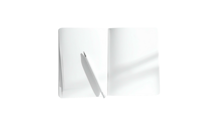 Open, blank notebook pages with a slim pen shadow beside it