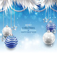 Illustration of Merry Christmas and Happy New Year greeting card with blue and silver Christmas ball and photons and snowflakes on sky blue and white gradient background 