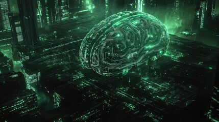 Artificial intelligence brain floating over futuristic city