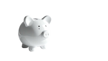 White piggy bank, glossy ceramic, against black void backdrop