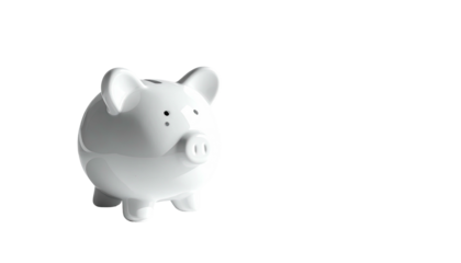 White piggy bank, glossy ceramic, against black void backdrop