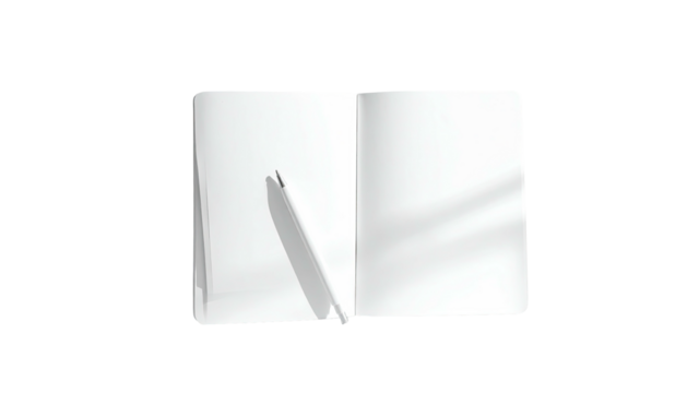 Open, blank notebook pages with a slim pen shadow beside it