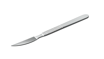Surgical scalpel with sharp, silver blade on a black background
