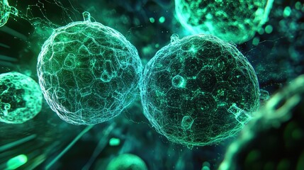 Luminous biological cells dividing and multiplying creating abstract network