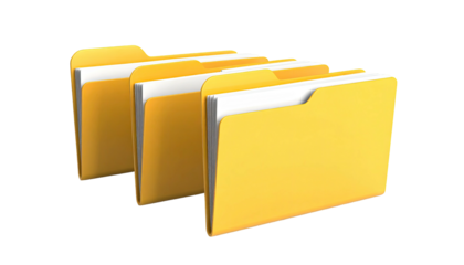 Three yellow document folders staggered, showing papers inside
