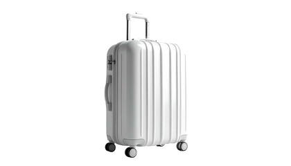 Sleek, white suitcase on wheels against a stark black backdrop