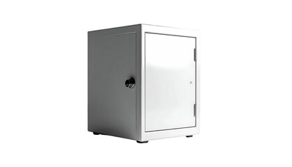 Glossy white metal cabinet with handle against black backdrop