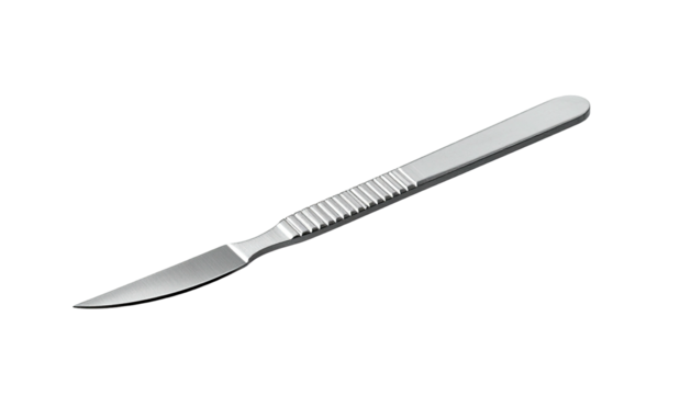 Surgical scalpel with sharp, silver blade on a black background