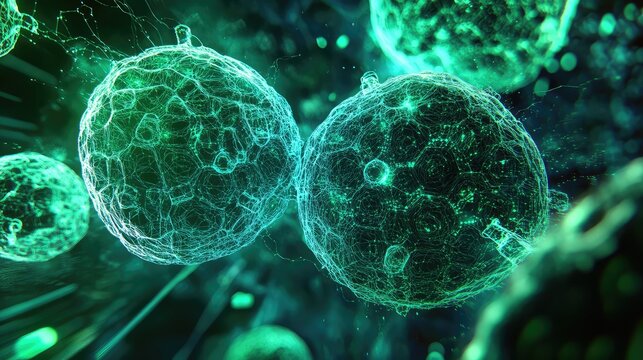 Luminous biological cells dividing and multiplying creating abstract network