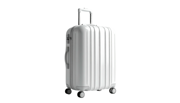 Sleek, white suitcase on wheels against a stark black backdrop