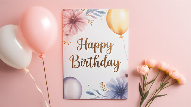 An image featuring a Happy Birthday card with floral designs, accompanied by pastel balloons and flowers on a pink background.
