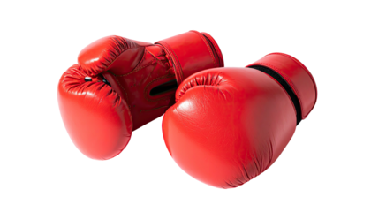 Two red boxing gloves, leather look, isolated on black