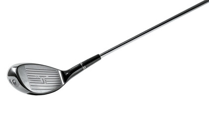 Shiny golf club with textured head, black background