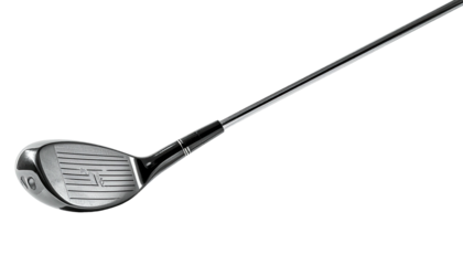 Shiny golf club with textured head, black background