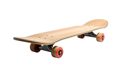 Unbranded wooden skateboard with orange wheels on black background