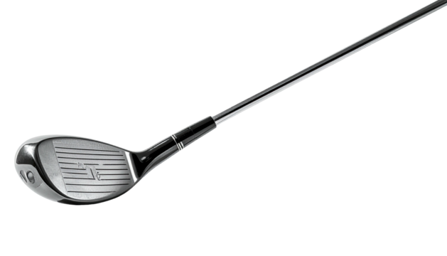 Shiny golf club with textured head, black background