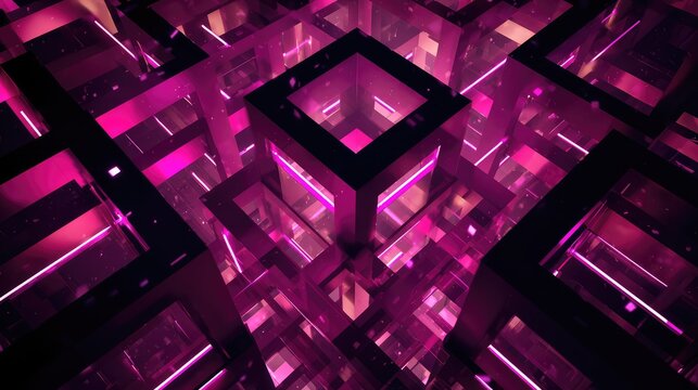 Abstract geometric cubes structure glowing neon purple - Powered by Adobe