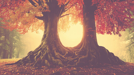 adjustment. Two intertwined trees support each other in autumn, symbolizing family and change. representing seasonal cycles and harvest abundance.