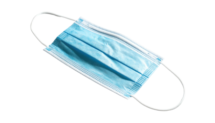 Blue surgical mask, white ear loops, centered on black