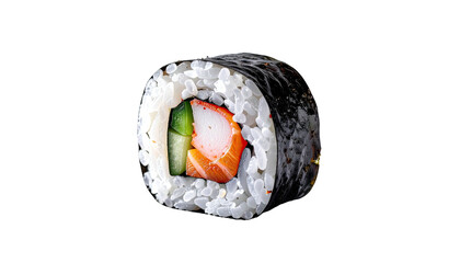 Sushi roll with rice, seaweed, salmon, crab, and cucumber