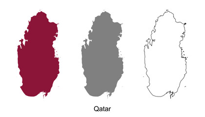 Qatar map set. Qatar map vector. Qatar map on maroon, gray, and outline