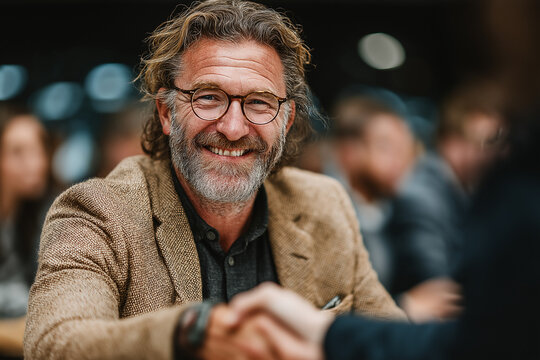 Smiling businessman with glasses shaking hands in modern office, making a deal and agreement - Powered by Adobe