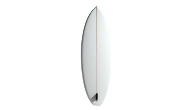 White surfboard stands vertically in a dark space, simple shape