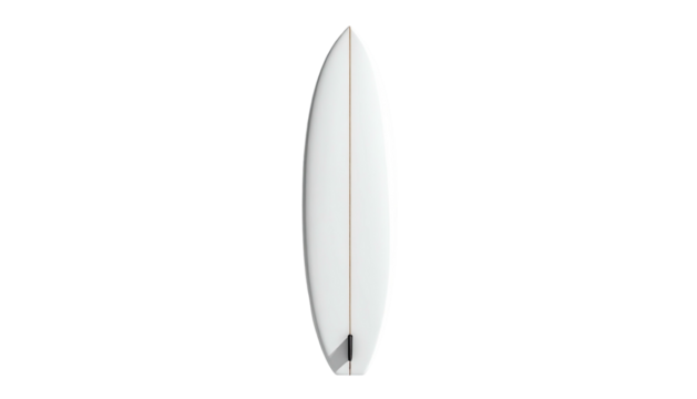Glossy white surfboard, centered, with a long, sleek design - Powered by Adobe