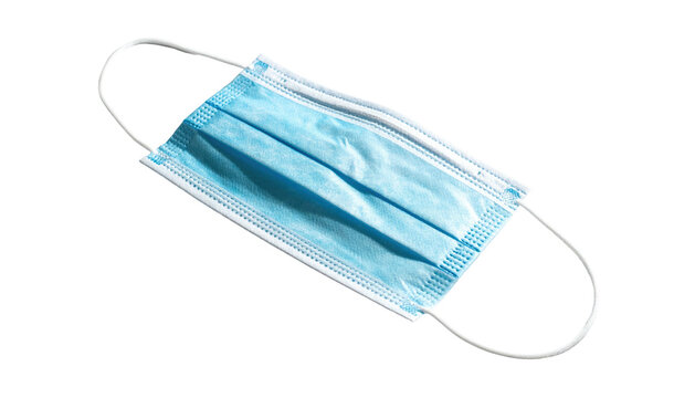 Blue surgical mask, white ear loops, centered on black