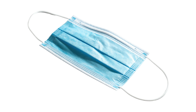 Blue surgical mask, white ear loops, centered on black - Powered by Adobe