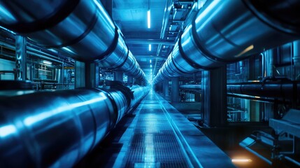 Industrial pipeline corridor inside modern data processing facility