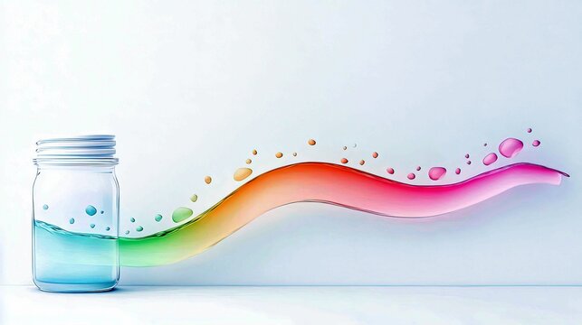 A clear glass jar filled with blue liquid, with a vibrant, rainbow-colored splash of liquid emerging from it and forming a wave shape.