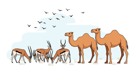 Naklejka premium Herd of Antelopes Grazing Alongside Camels Under a Flock of Birds in a Stylized Landscape