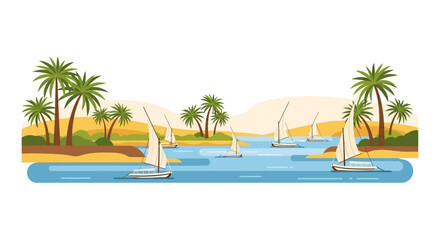 Idyllic River Travel Scene Featuring Traditional Sailboats on Peaceful Waters, Surrounded by Majestic Palm Trees and Sun-Kissed Desert Banks, a Vector Illustration of Ancient Journeys