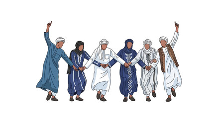 Obraz premium Group of men in traditional Arabic clothing holding hands and dancing in a circle