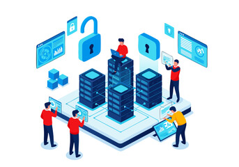 Isometric illustration of cybersecurity and data protection, with digital security and data center concept